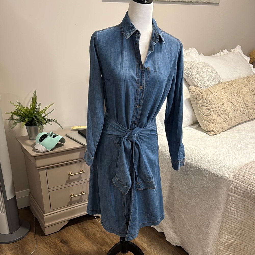 Denim Button-Up Dress with Waist Tie